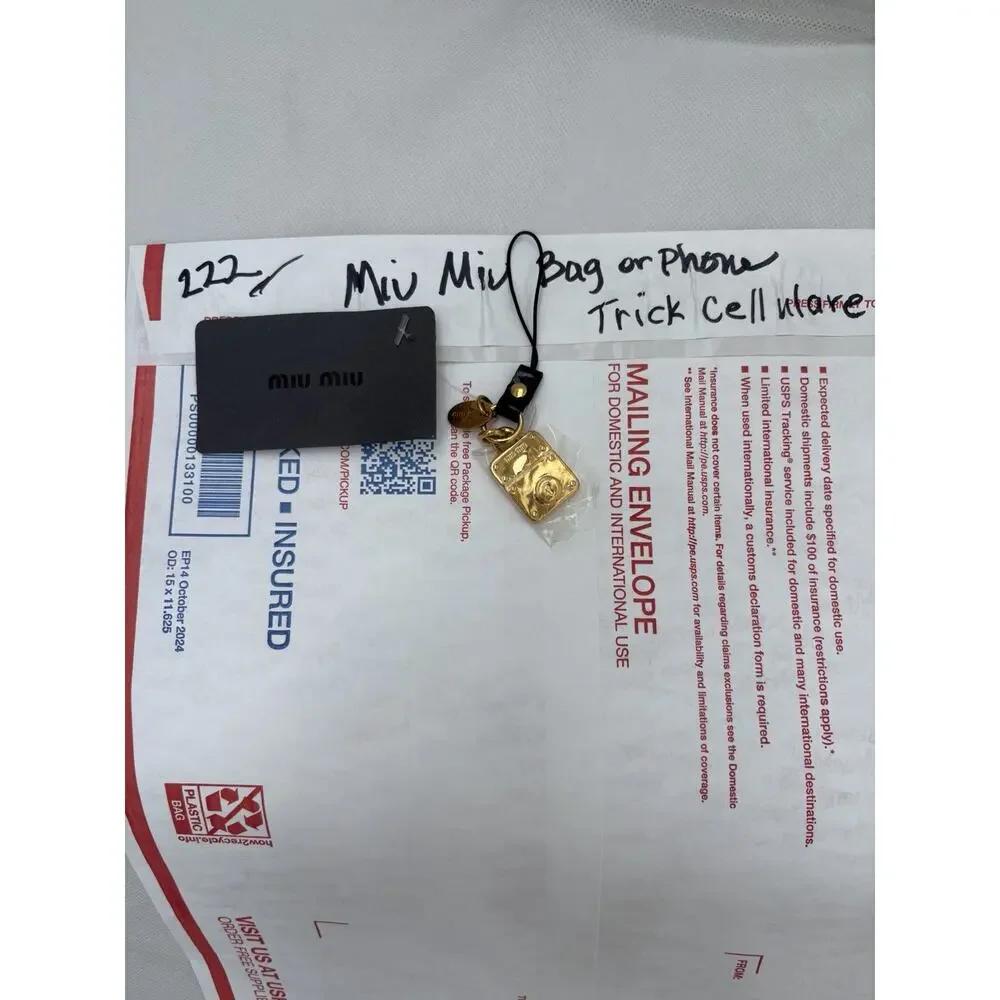 Miu Miu Gold Padlock Phone Charm Bag Charm Keychain Black Strap NWT Designer